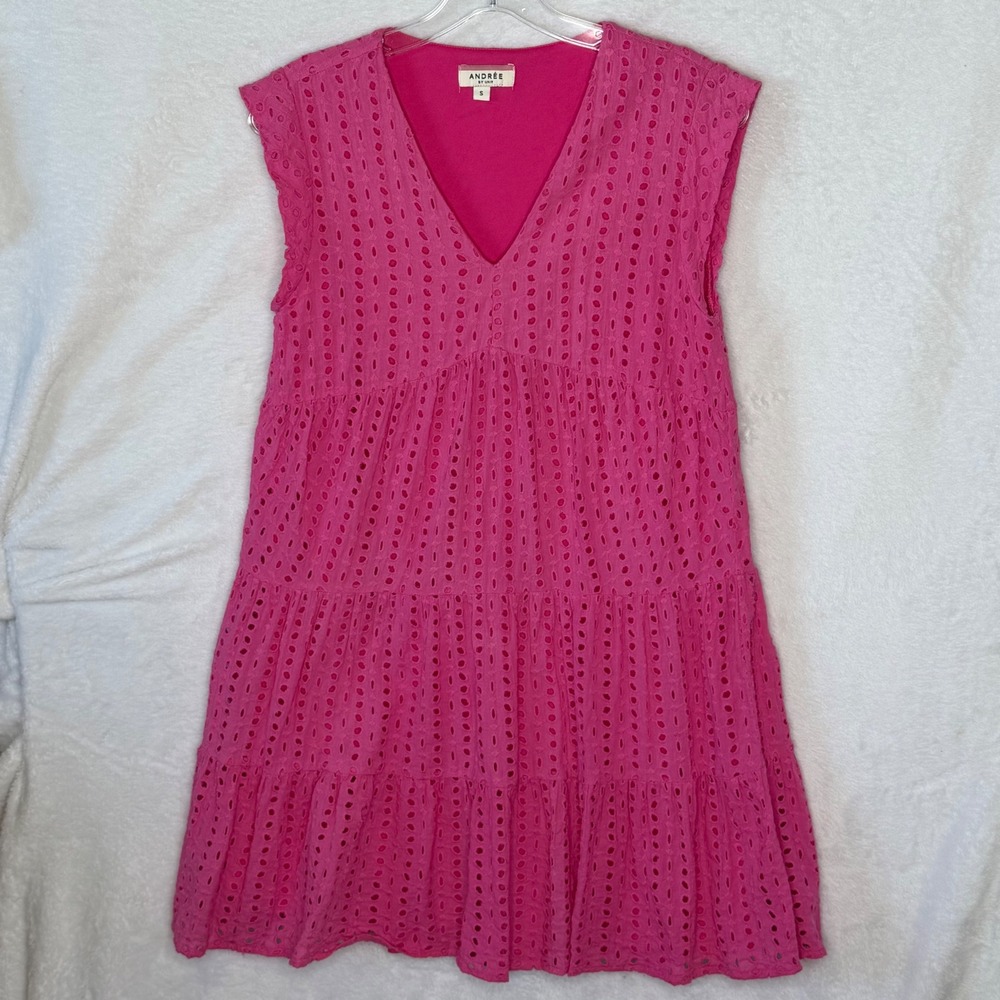 Andree by Unit Women S Pink Eyelet Tiered V-Neck Mini Dress Summer Boho Dress